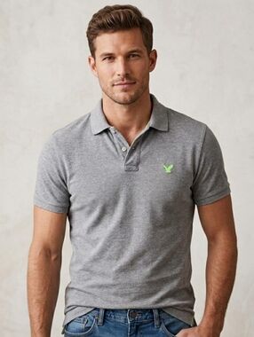 American Eagle Large Grey with Neon Green Logo Athletic Fit Cotton Polo Y2K